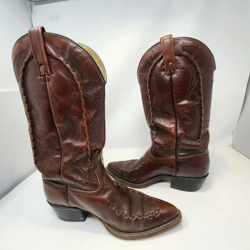 Acme Vintage Brown Leather Western Cowboy Boots Men Size 9 D Raised Stitching